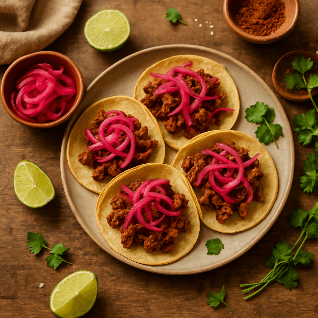 Sinaloa-stijl Varkensvlees Chilorio Taco's met Snel Gemarineerde Rode Ui