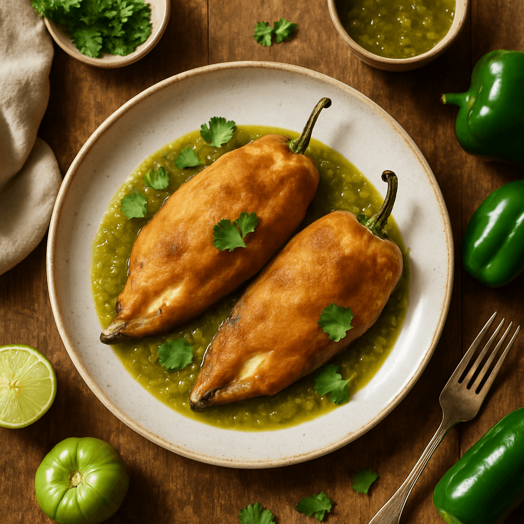 Oaxacaanse kaas gevulde chiles rellenos met geroosterde tomatillo salsa