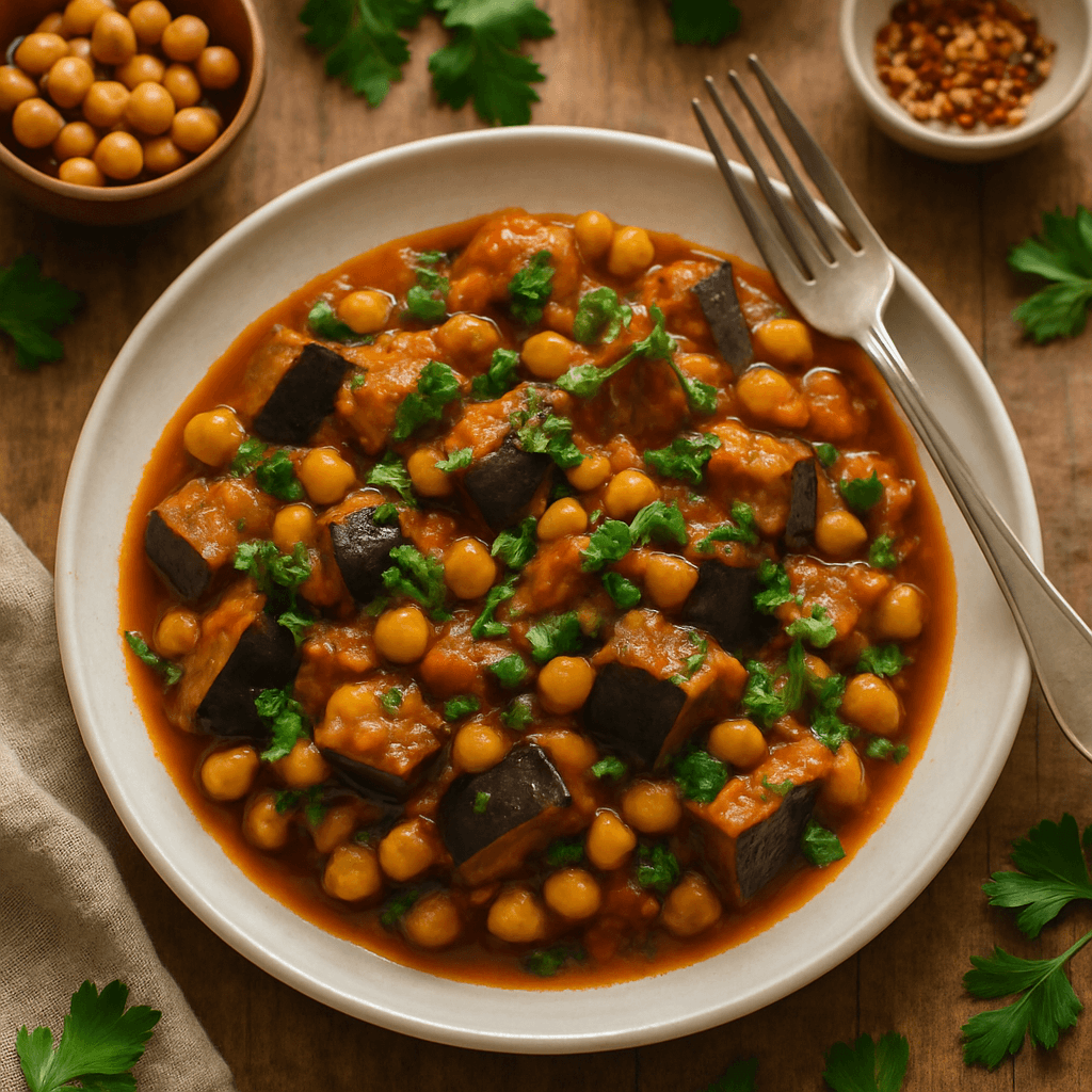 Siciliaanse Gestoofd Aubergine en Kikkererwten Stoofpot met Verse Peterselie