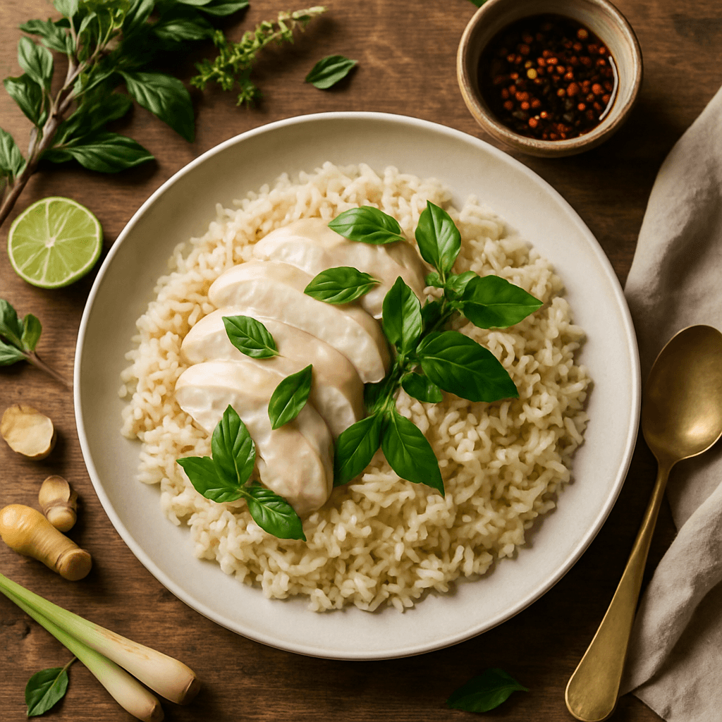 Thai Kokos Gemarineerde Kip met Heilige Basilicum en Gemberrijst (Khao Man Gai)