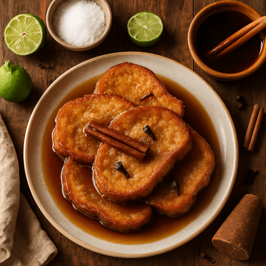 Traditionelle mexicanske Torrejas med varm Piloncillo-sirup