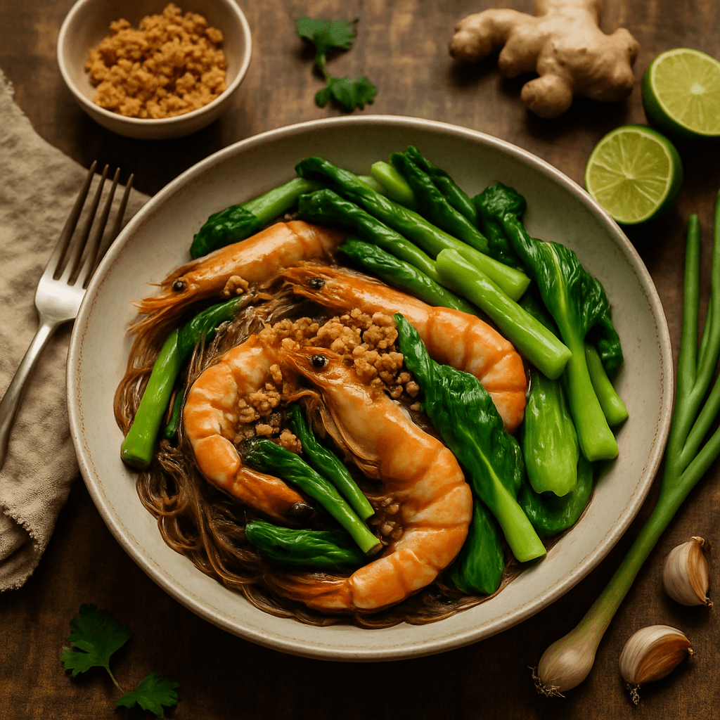 Kung Op Wun Sen with Crispy Garlic and Spring Vegetables