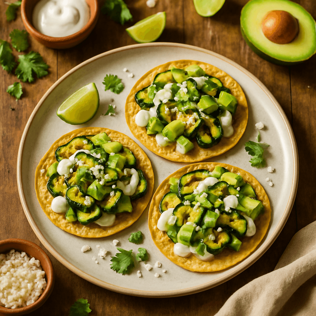 Gegrilde Courgette Tostadas met Romige Avocado en Cotija Crema