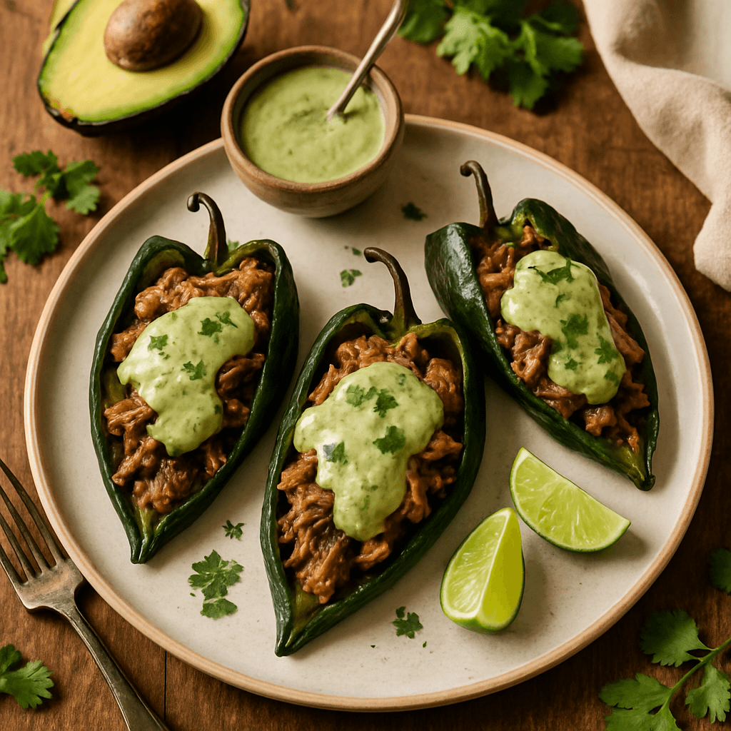 Carnitas-Gevulde Poblano Peppers met Romige Tomatillo Crema