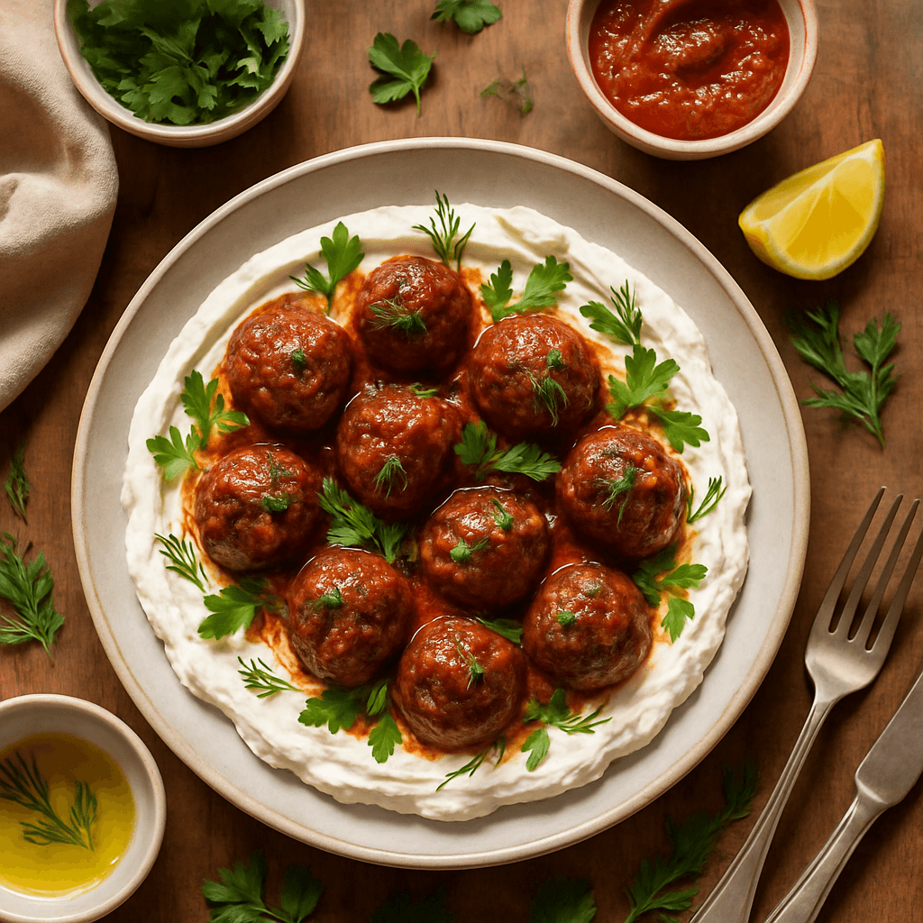 Spicy Harissa Meatballs with Creamy Whipped Feta and Fresh Herbs