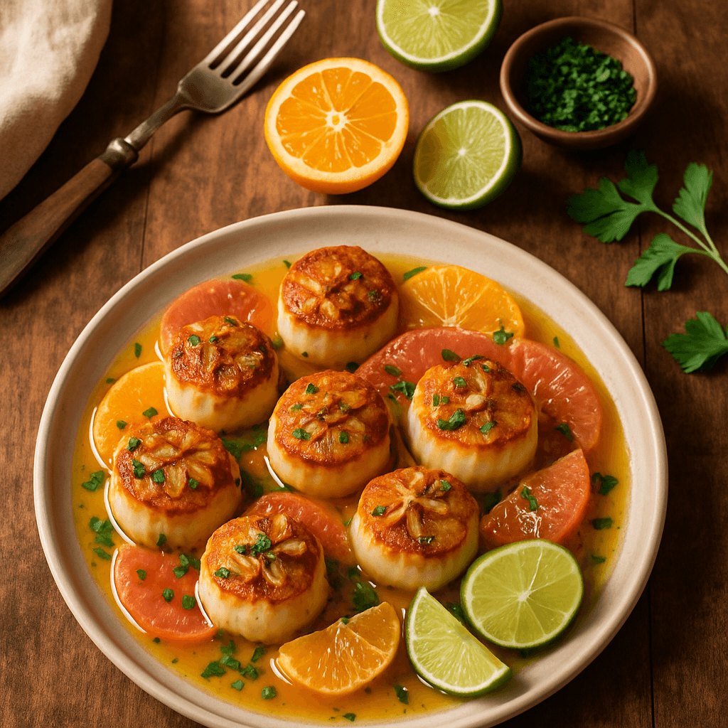 Seared Scallops al Mojo de Ajo with Spring Citrus and Crispy Toasted Garlic
