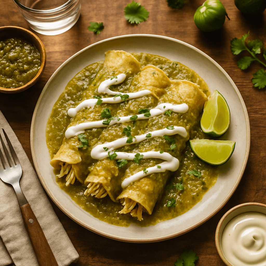 Enchiladas Verdes with Roasted Tomatillo Salsa and Mexican Crema
