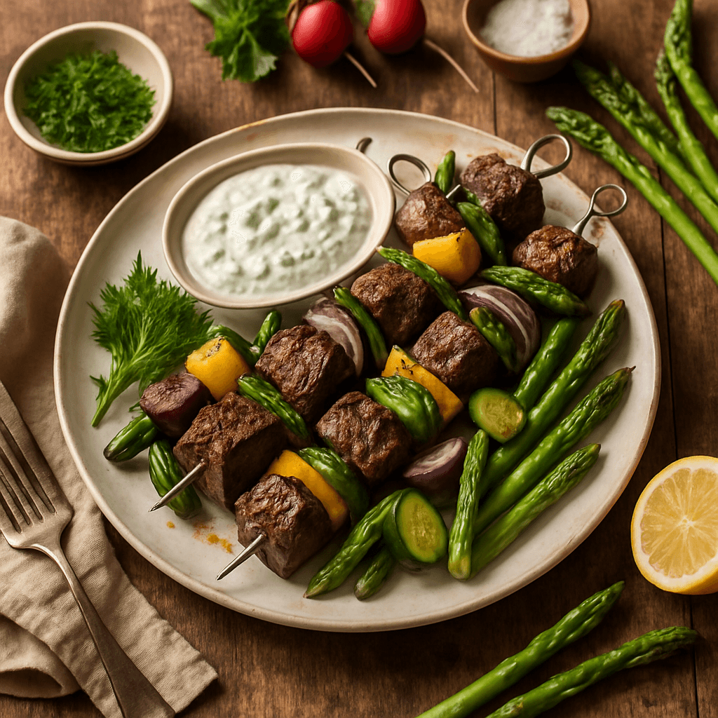 Grilled Sirloin Kebabs with Spring Vegetables and Creamy Tzatziki
